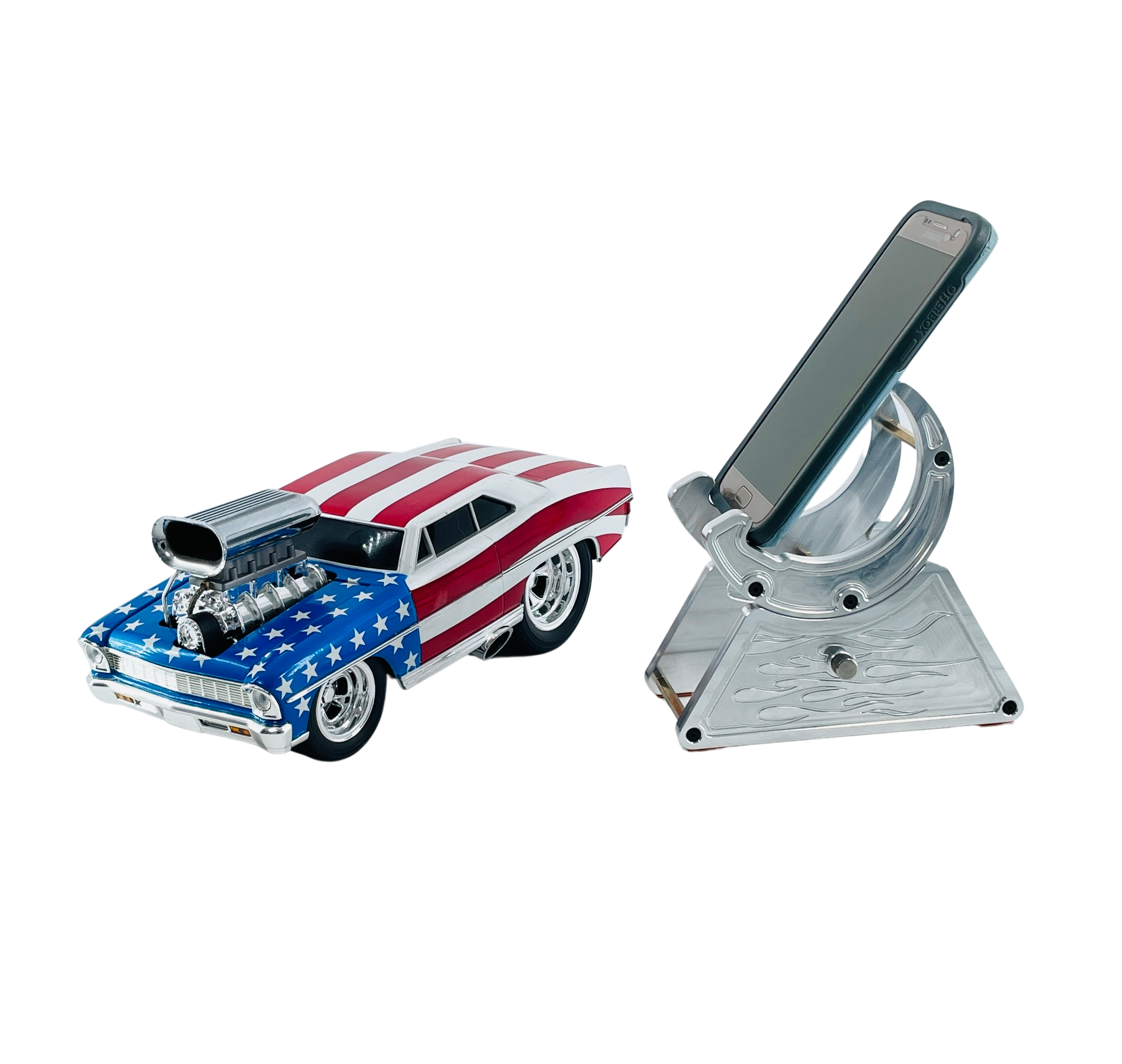 CNC Metal Phone Stand | Hot Rod Flames Design | Car Enthusiast Gift | Made in USA