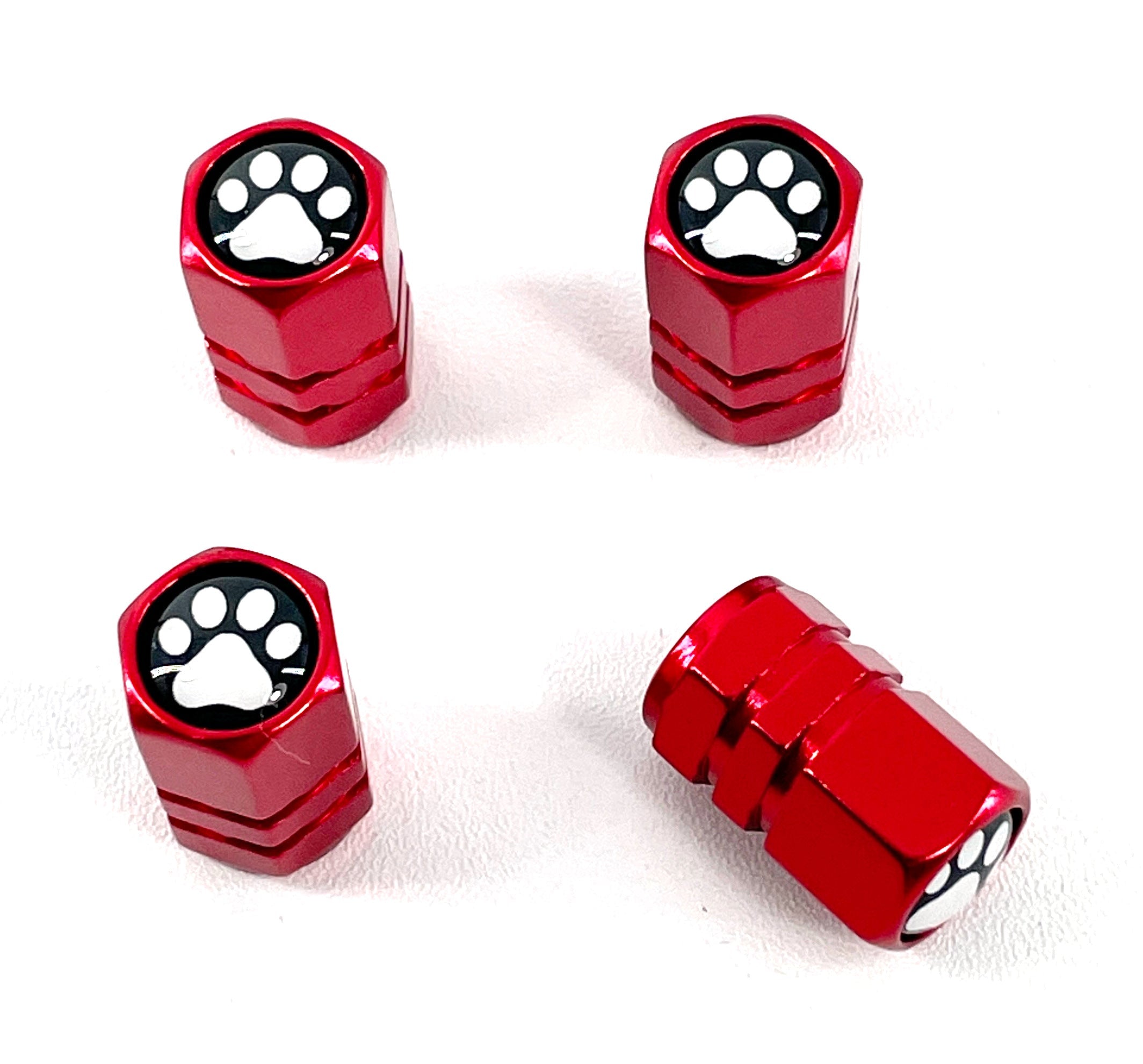 Set von 4 Red Anodized Machined Aluminium Valve Stem Caps Pfoten Design Reifenluftventil