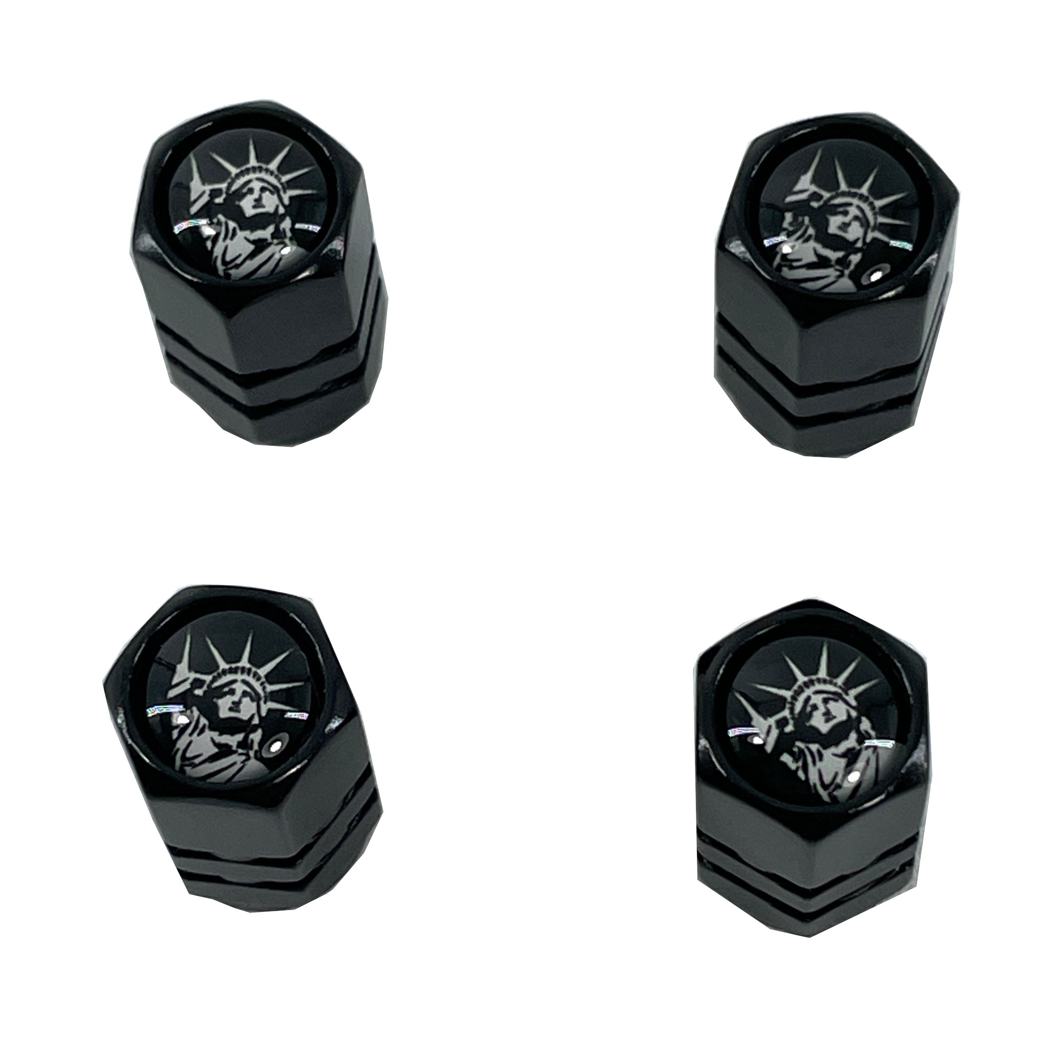 Set von 4 schwarzen eloxierten Aluminiumventil-Stemkappen Freiheitsstatue - amerikanische patriotische