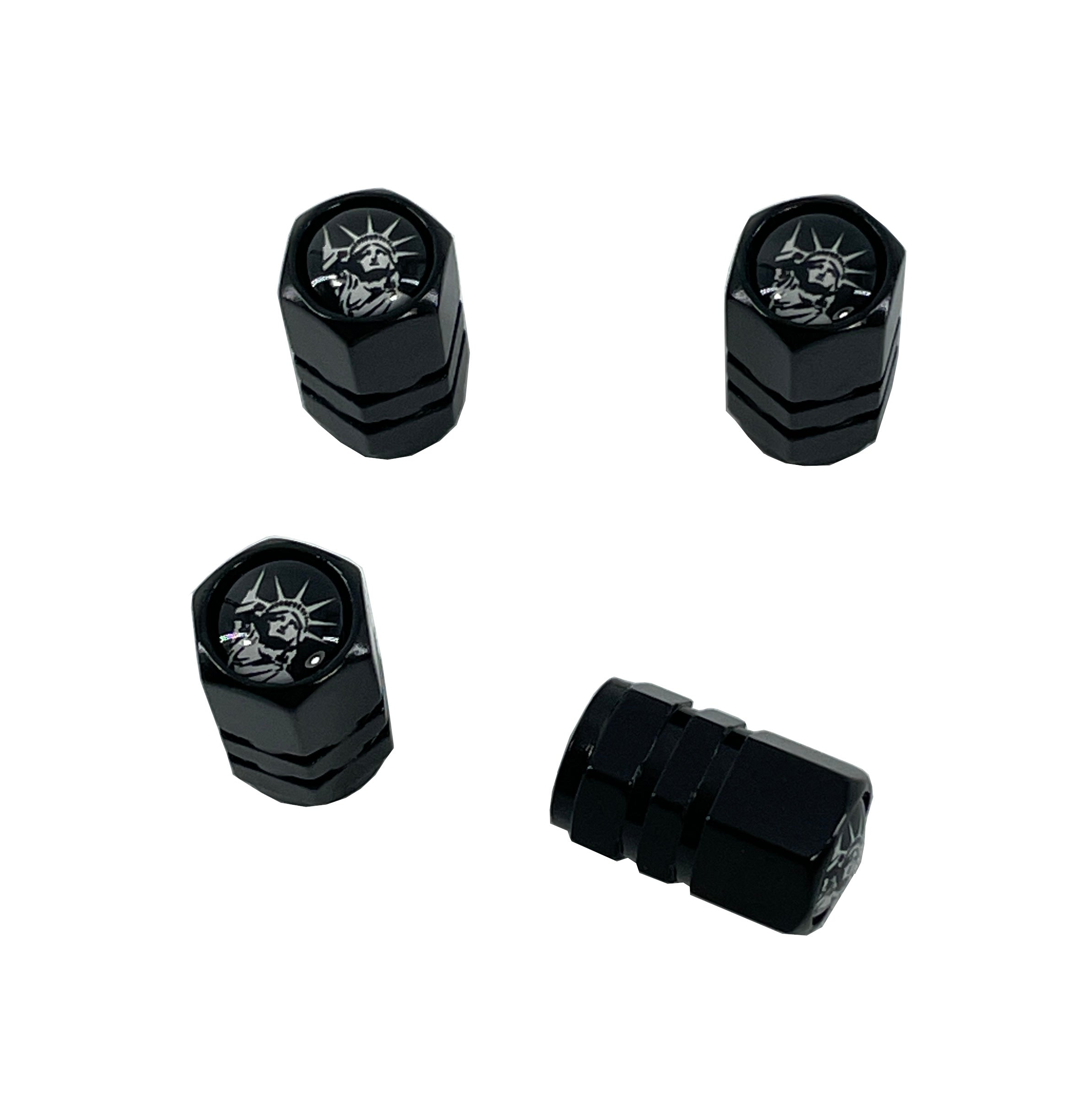 Set von 4 schwarzen eloxierten Aluminiumventil-Stemkappen Freiheitsstatue - amerikanische patriotische
