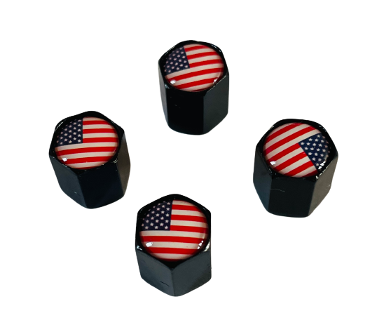 Set von 4 schwarzen Ventil-Stem-Kappen mit amerikanischem Flaggen-Logo - Patriotisches Autozubehör